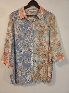 Rose & Olive button down shirt 3/4 sleeves patchwork florals cottage core XL